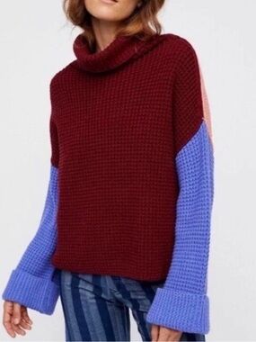 Free People Park City Colorblock Waffle Knit Turtleneck Sweater M Like New